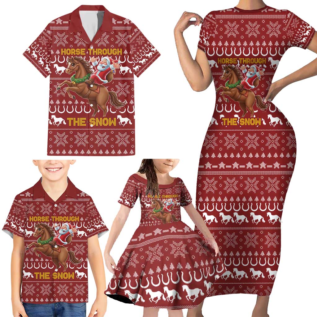 Horse Through The Snow Christmas Design Family Matching Short Sleeve Bodycon Dress and Hawaiian Shirt Xmas Holiday Patterns - Wonder Print Shop