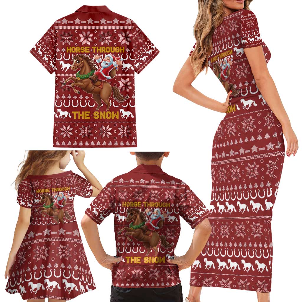Horse Through The Snow Christmas Design Family Matching Short Sleeve Bodycon Dress and Hawaiian Shirt Xmas Holiday Patterns - Wonder Print Shop