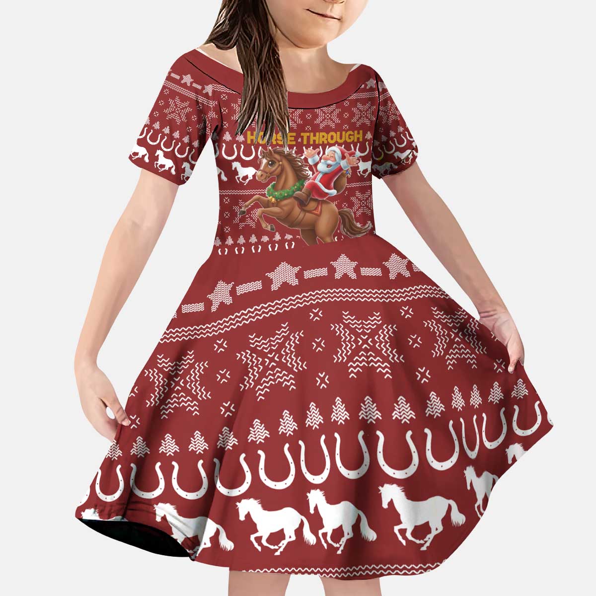 Horse Through The Snow Christmas Design Kid Short Sleeve Dress Xmas Holiday Patterns - Wonder Print Shop