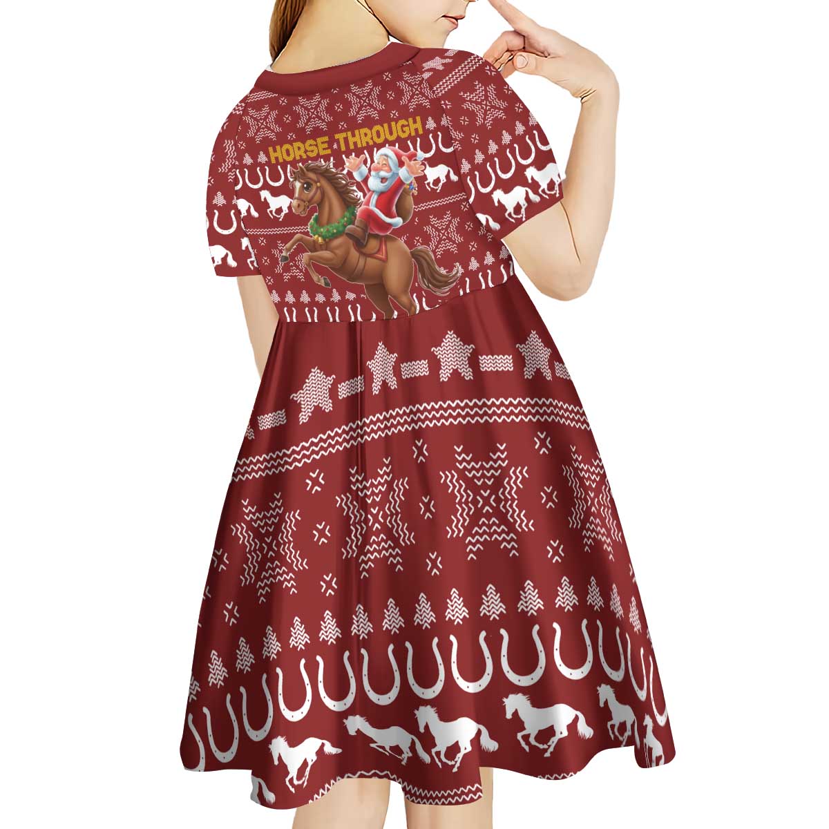 Horse Through The Snow Christmas Design Kid Short Sleeve Dress Xmas Holiday Patterns - Wonder Print Shop