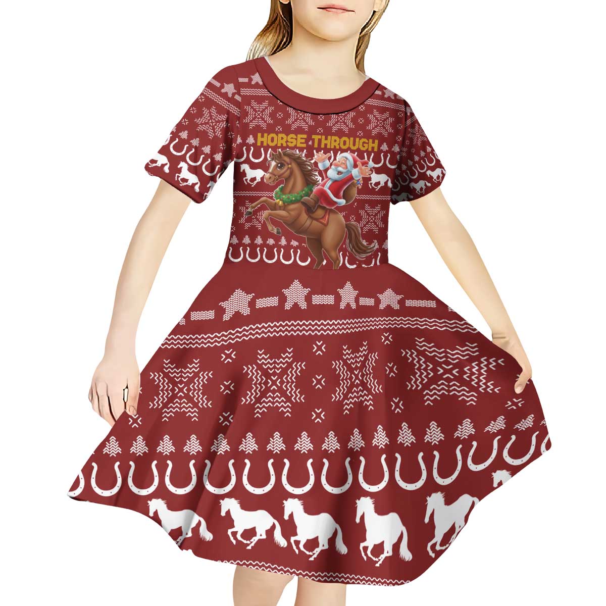 Horse Through The Snow Christmas Design Kid Short Sleeve Dress Xmas Holiday Patterns - Wonder Print Shop