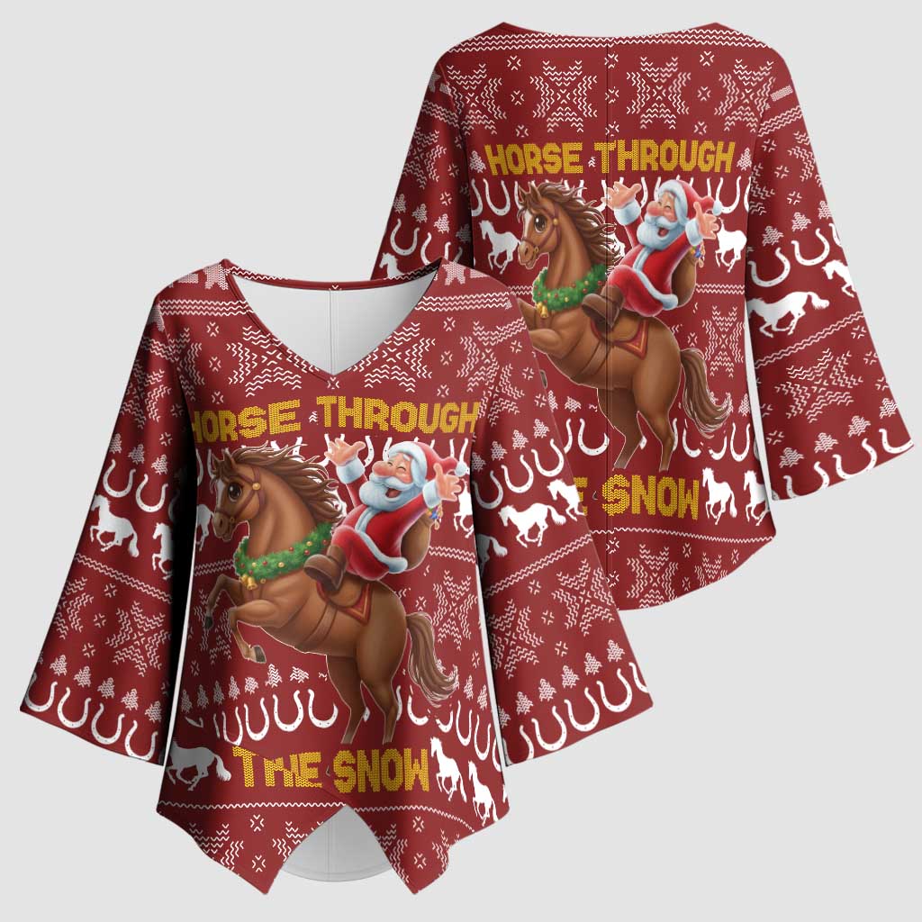Horse Through The Snow Christmas Design Kimono Sleeve Blouse Xmas Holiday Patterns - Wonder Print Shop