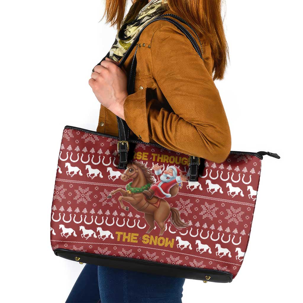Horse Through The Snow Christmas Design Leather Tote Bag Xmas Holiday Patterns - Wonder Print Shop