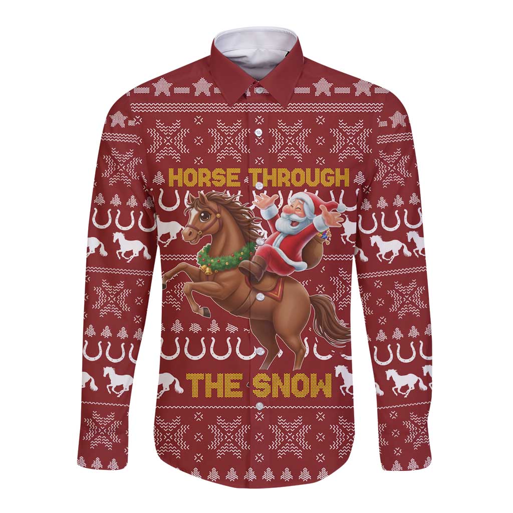Horse Through The Snow Christmas Design Long Sleeve Button Shirt Xmas Holiday Patterns - Wonder Print Shop