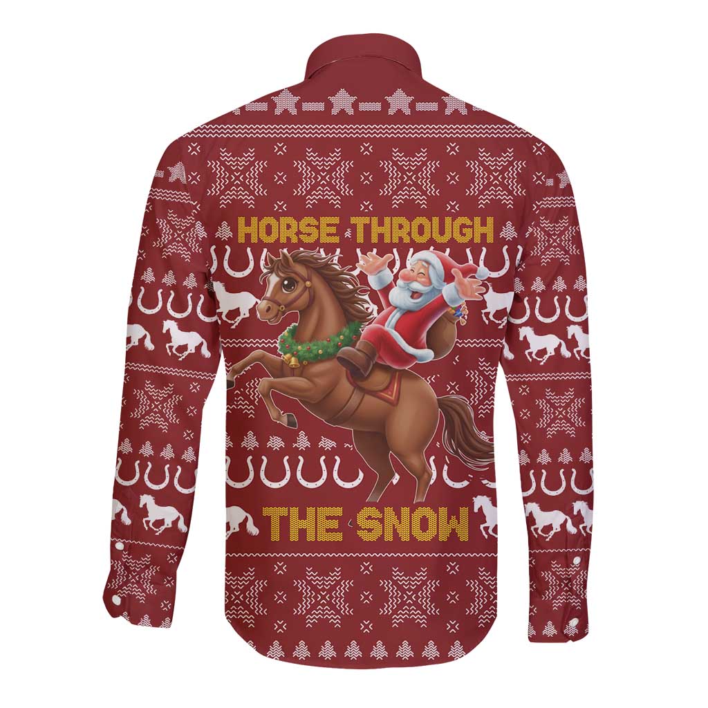 Horse Through The Snow Christmas Design Long Sleeve Button Shirt Xmas Holiday Patterns - Wonder Print Shop