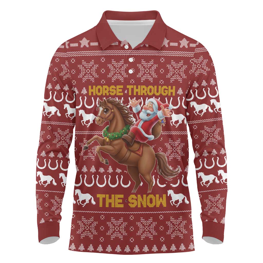 Horse Through The Snow Christmas Design Long Sleeve Polo Shirt Xmas Holiday Patterns - Wonder Print Shop