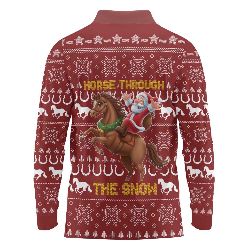 Horse Through The Snow Christmas Design Long Sleeve Polo Shirt Xmas Holiday Patterns - Wonder Print Shop
