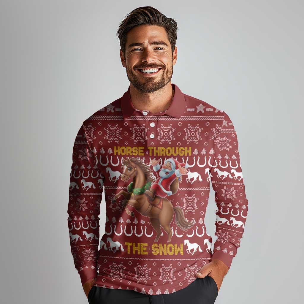 Horse Through The Snow Christmas Design Long Sleeve Polo Shirt Xmas Holiday Patterns - Wonder Print Shop