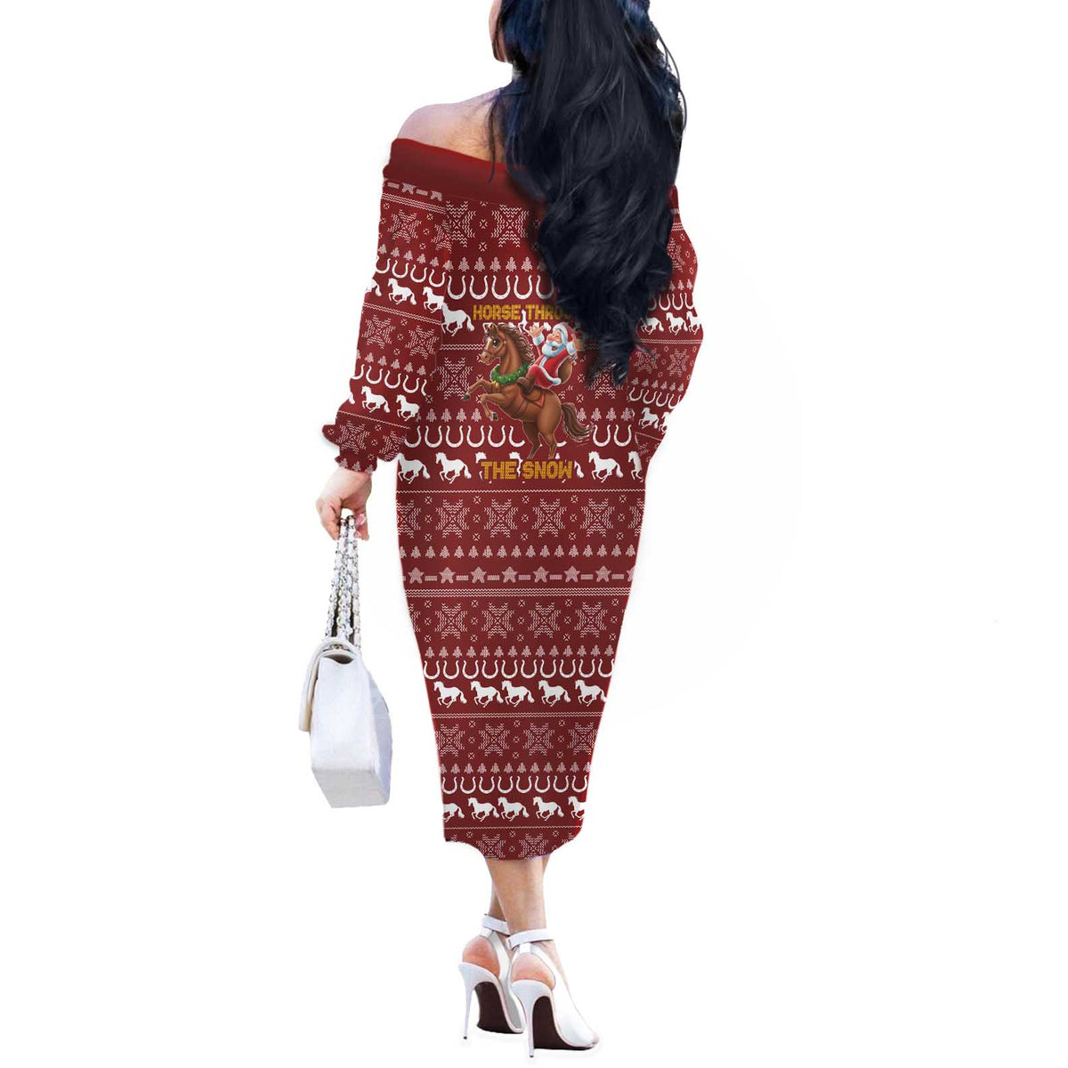 Horse Through The Snow Christmas Design Off The Shoulder Long Sleeve Dress Xmas Holiday Patterns - Wonder Print Shop