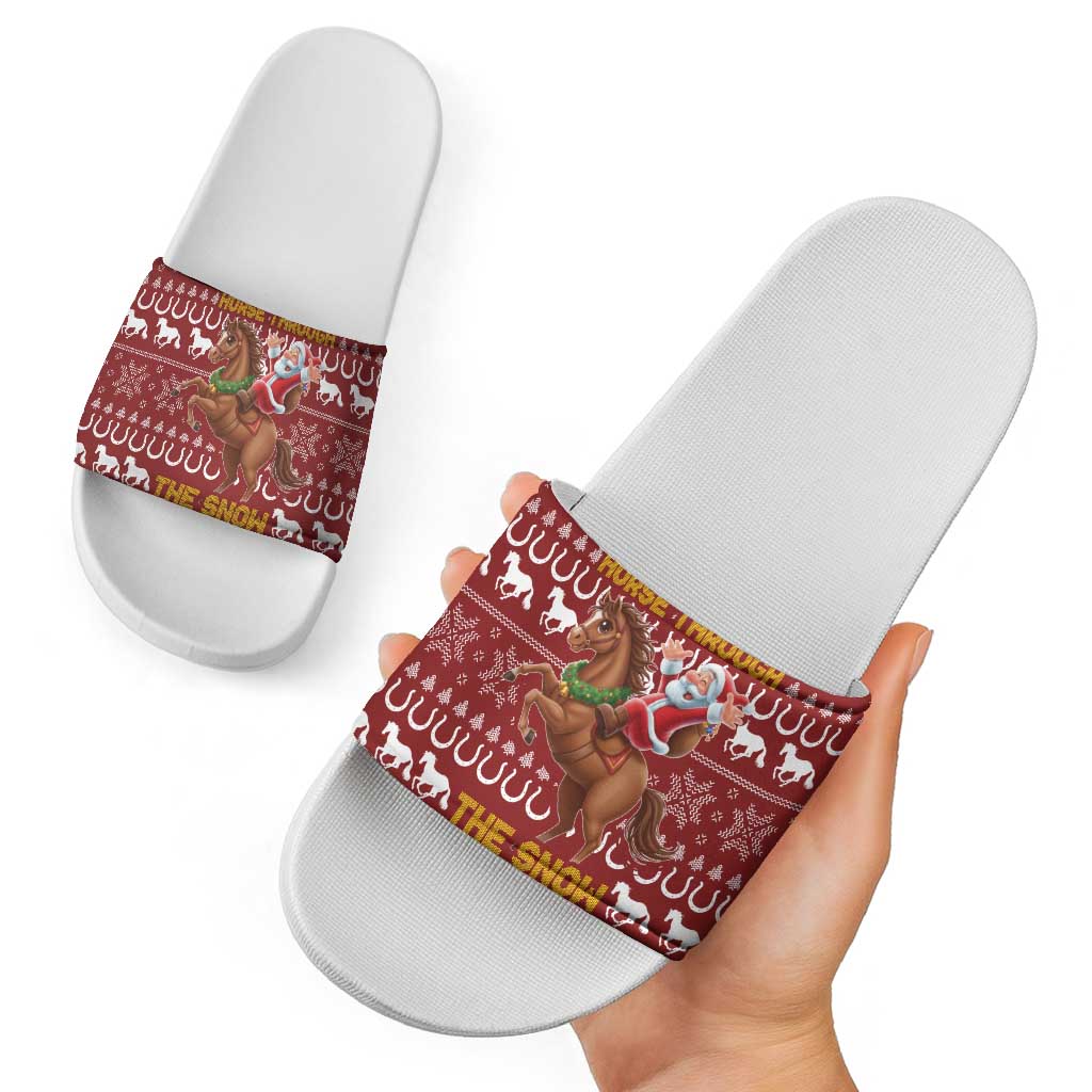 Horse Through The Snow Christmas Design Slide Sandals Xmas Holiday Patterns - Wonder Print Shop