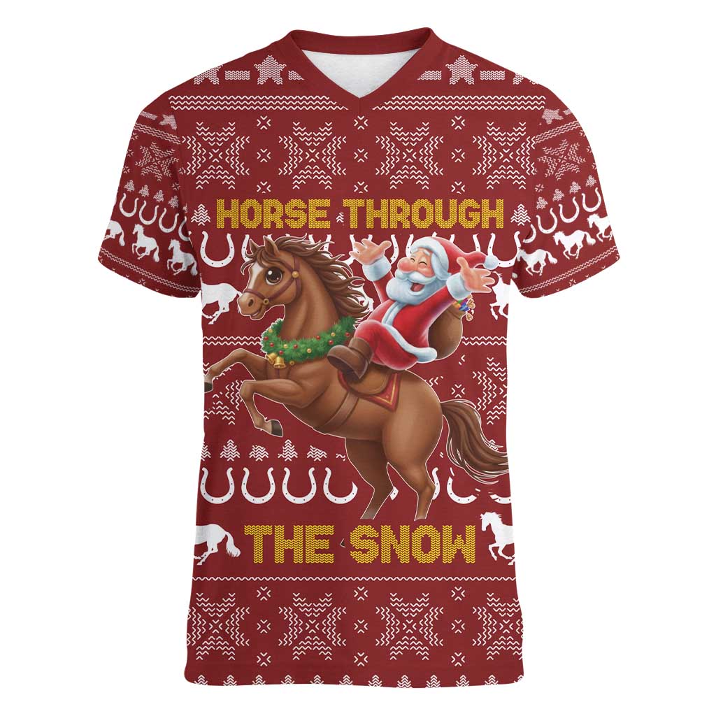 Horse Through The Snow Christmas Design Women V-Neck T-Shirt Xmas Holiday Patterns - Wonder Print Shop