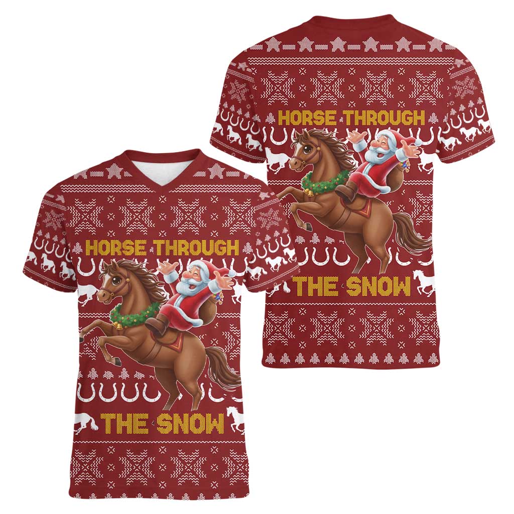 Horse Through The Snow Christmas Design Women V-Neck T-Shirt Xmas Holiday Patterns - Wonder Print Shop