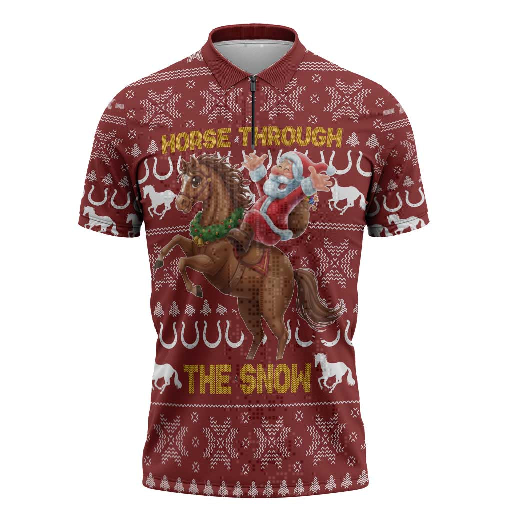 Horse Through The Snow Christmas Design Zipper Polo Shirt Xmas Holiday Patterns - Wonder Print Shop