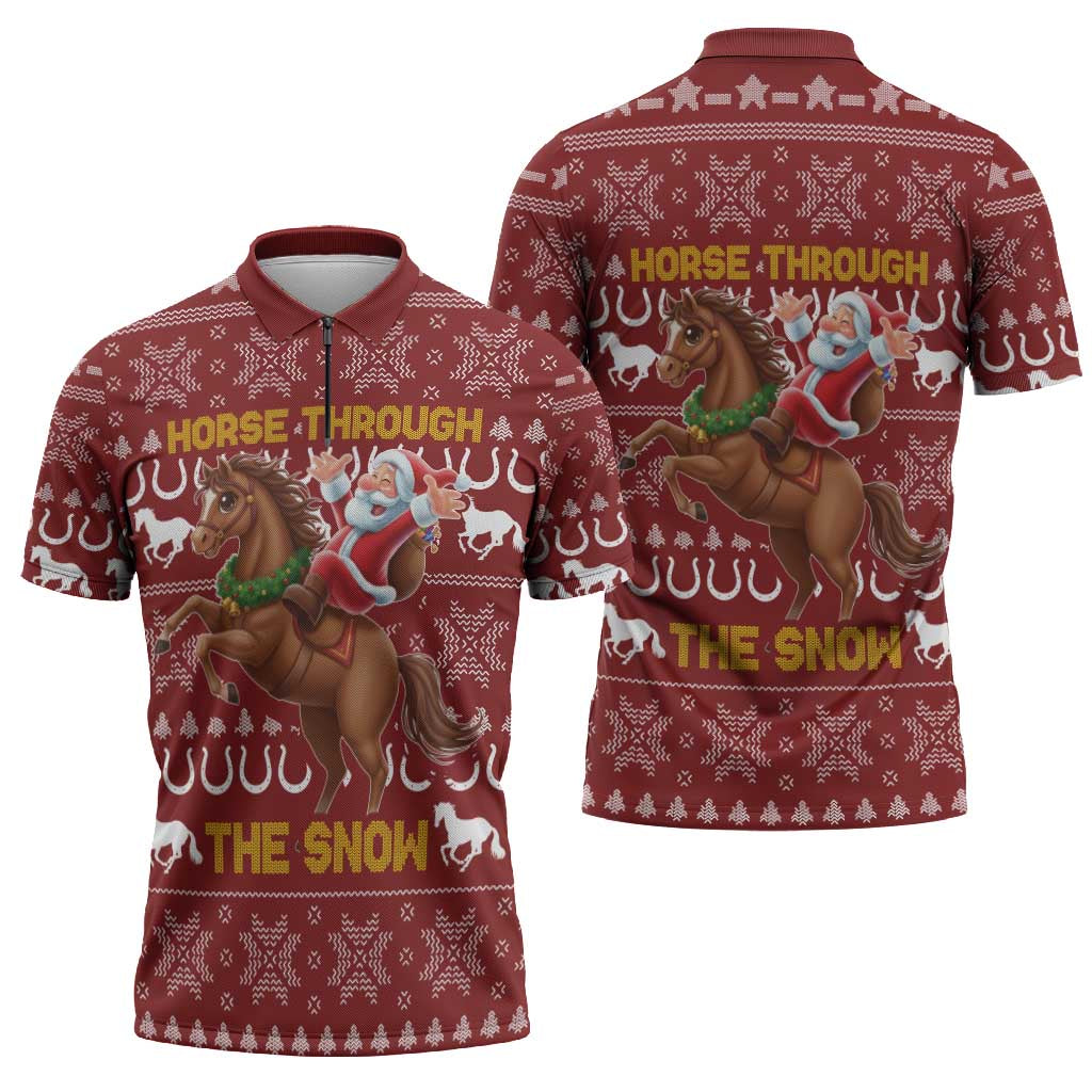 Horse Through The Snow Christmas Design Zipper Polo Shirt Xmas Holiday Patterns - Wonder Print Shop