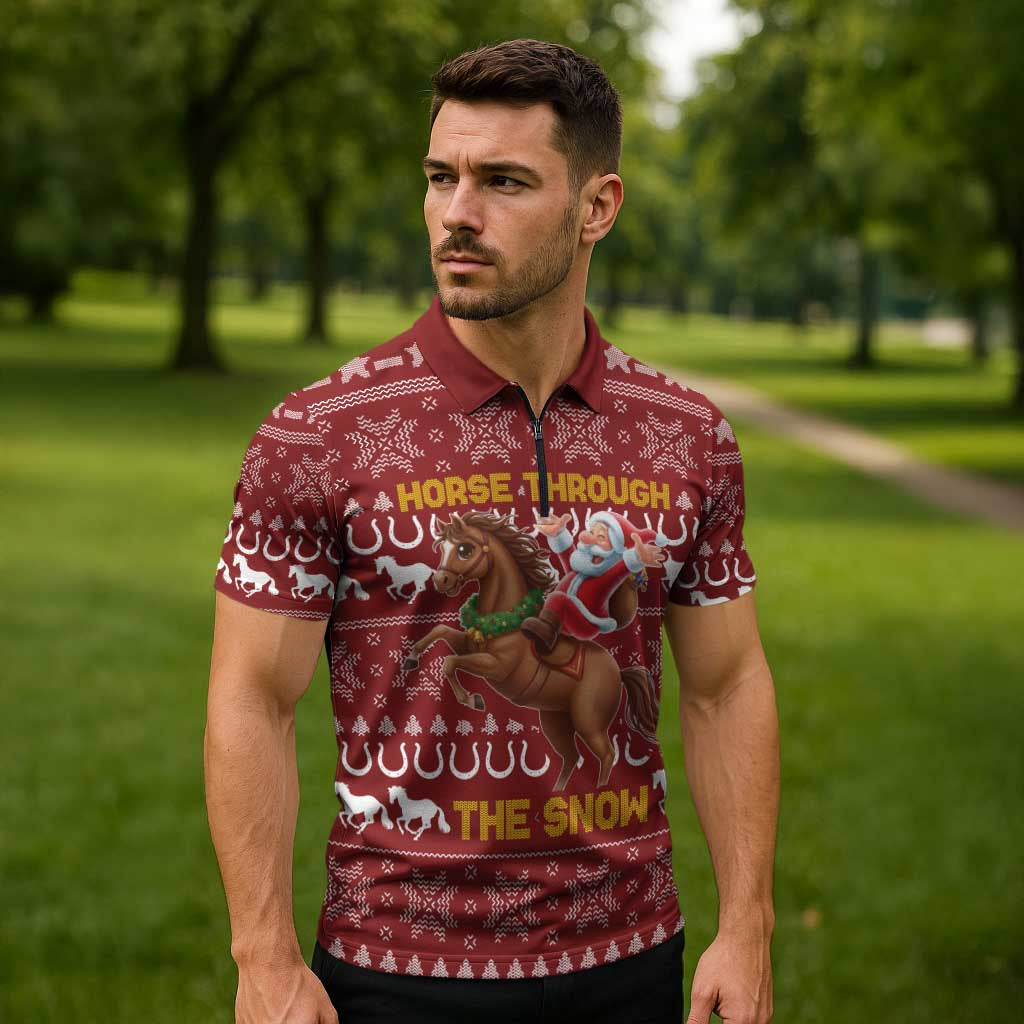 Horse Through The Snow Christmas Design Zipper Polo Shirt Xmas Holiday Patterns - Wonder Print Shop