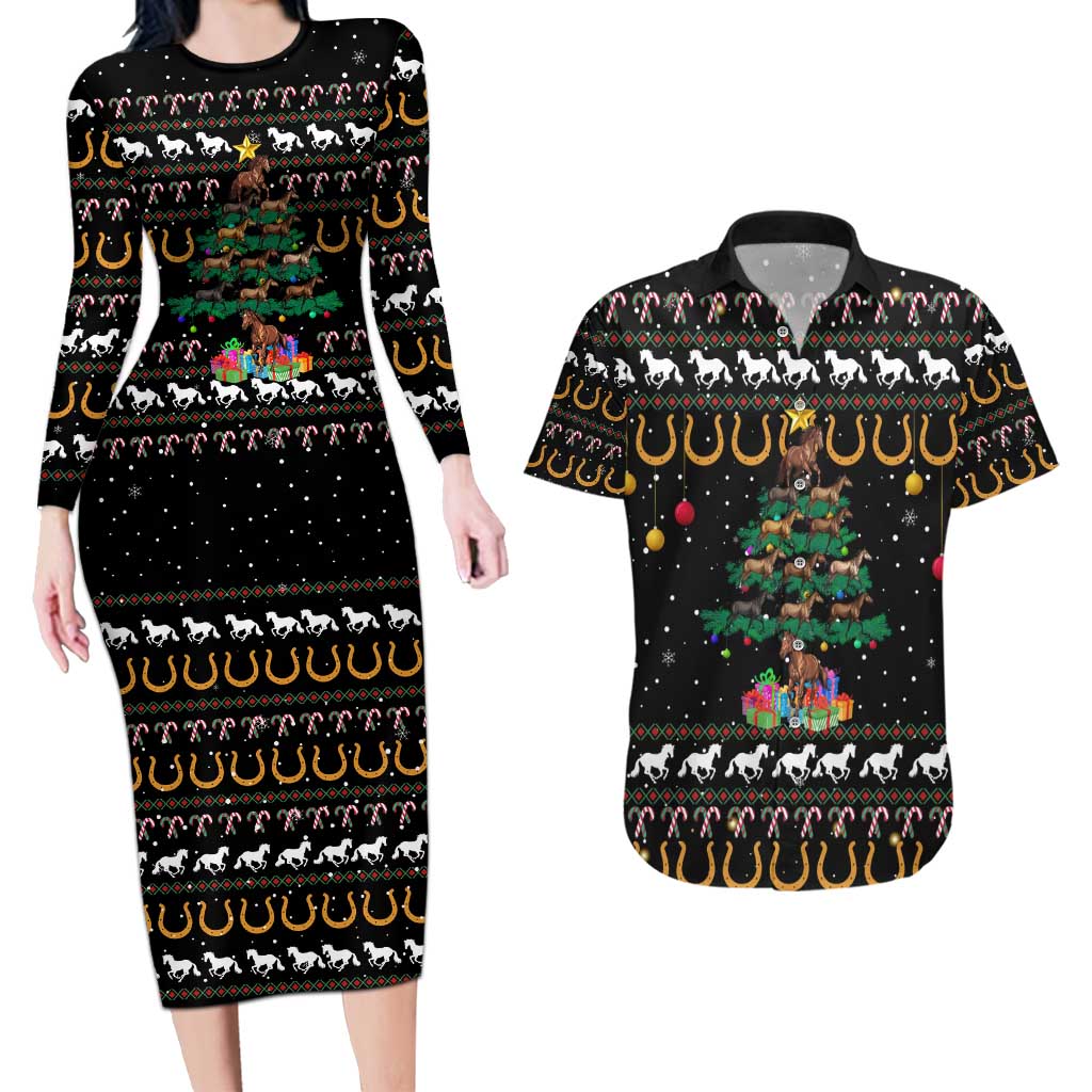 Horse Christmas Tree Christmas Design Couples Matching Long Sleeve Bodycon Dress and Hawaiian Shirt Xmas Holiday Patterns - Wonder Print Shop