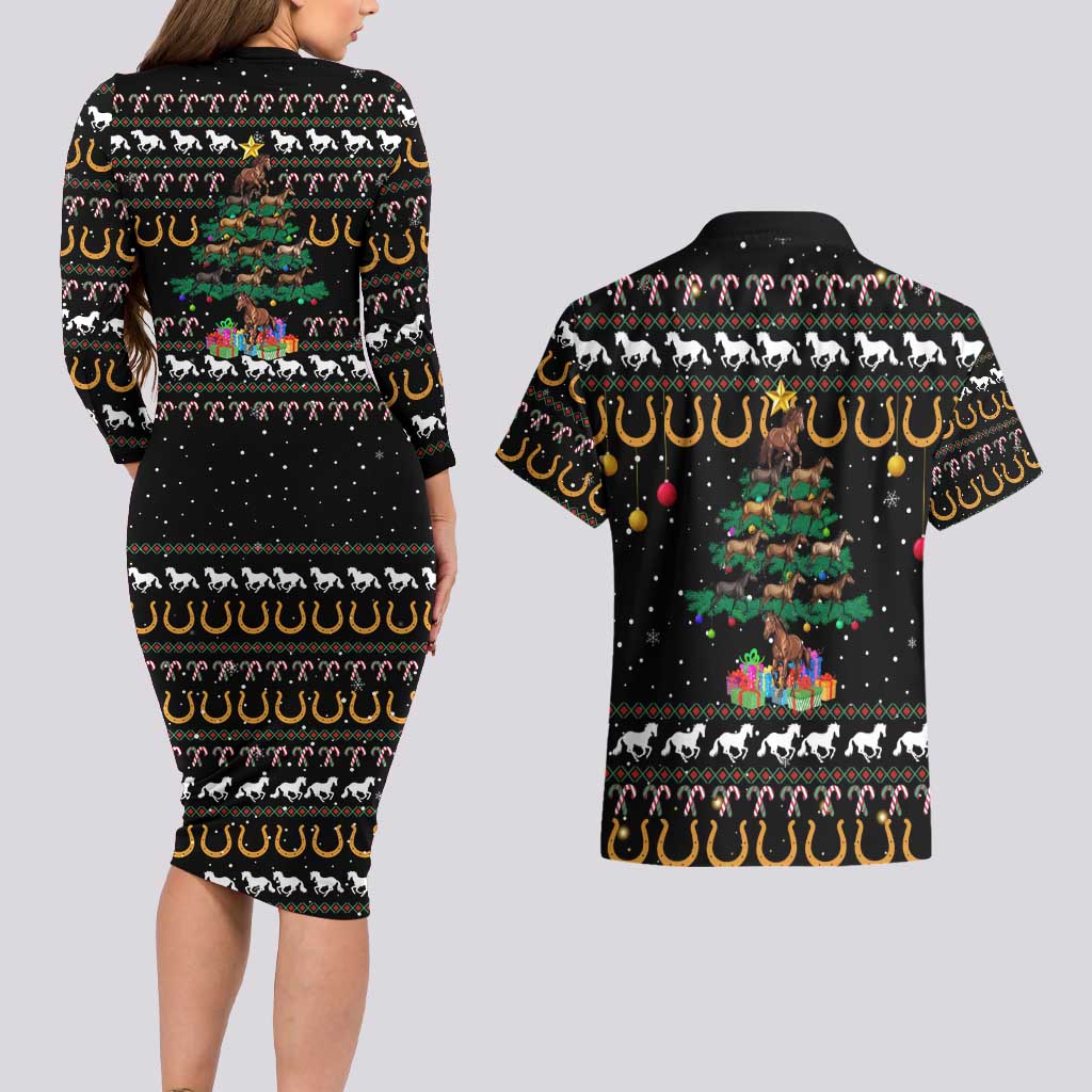 Horse Christmas Tree Christmas Design Couples Matching Long Sleeve Bodycon Dress and Hawaiian Shirt Xmas Holiday Patterns - Wonder Print Shop