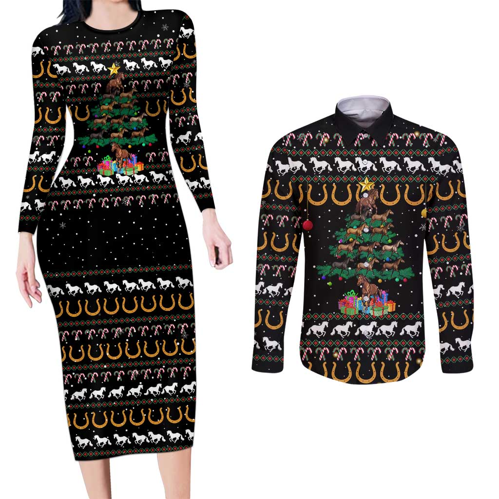 Horse Christmas Tree Christmas Design Couples Matching Long Sleeve Bodycon Dress and Long Sleeve Button Shirt Xmas Holiday Patterns - Wonder Print Shop