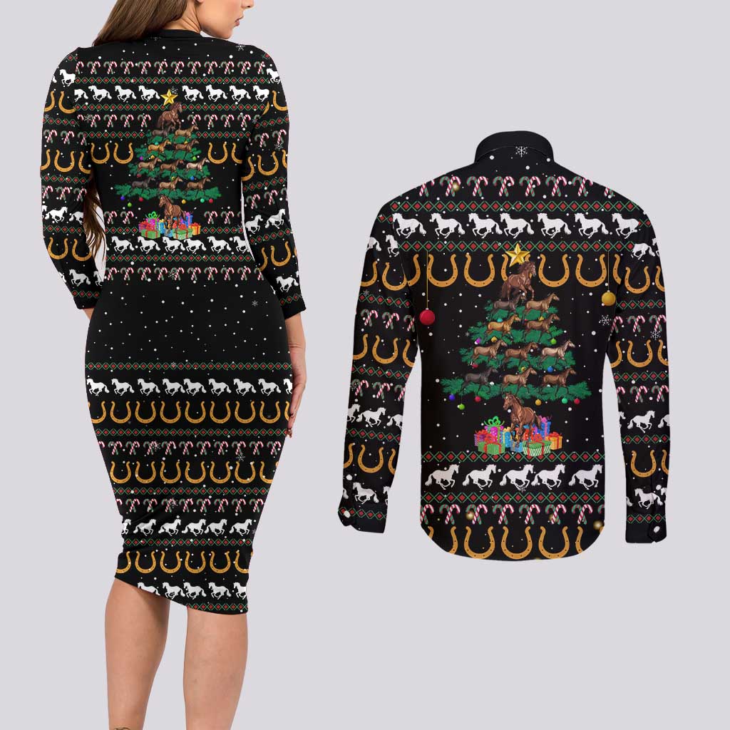 Horse Christmas Tree Christmas Design Couples Matching Long Sleeve Bodycon Dress and Long Sleeve Button Shirt Xmas Holiday Patterns - Wonder Print Shop