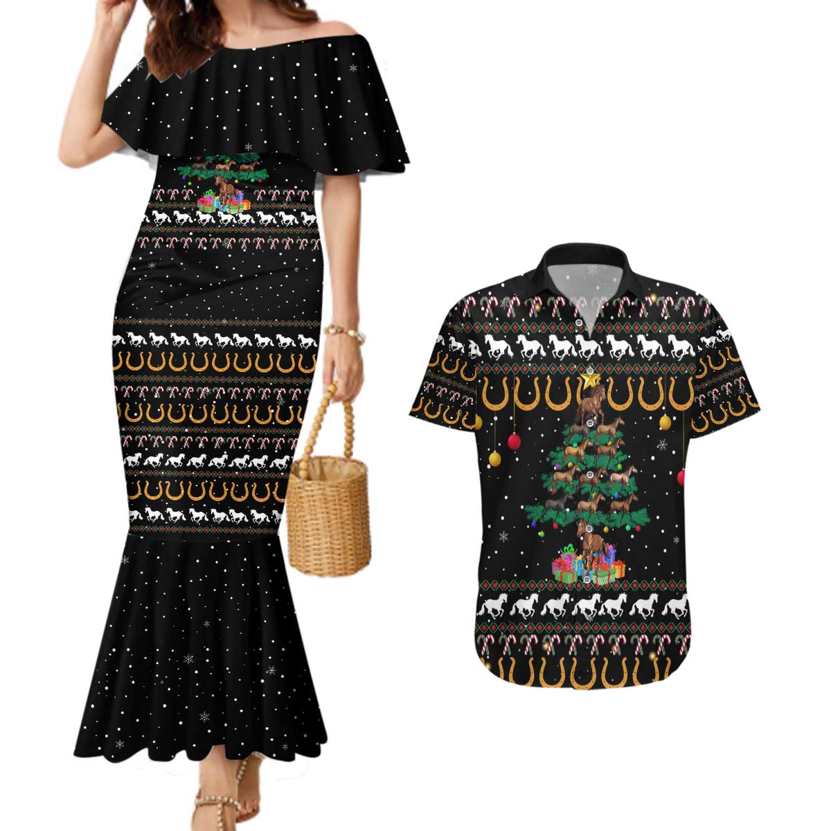 Horse Christmas Tree Christmas Design Couples Matching Mermaid Dress and Hawaiian Shirt Xmas Holiday Patterns - Wonder Print Shop