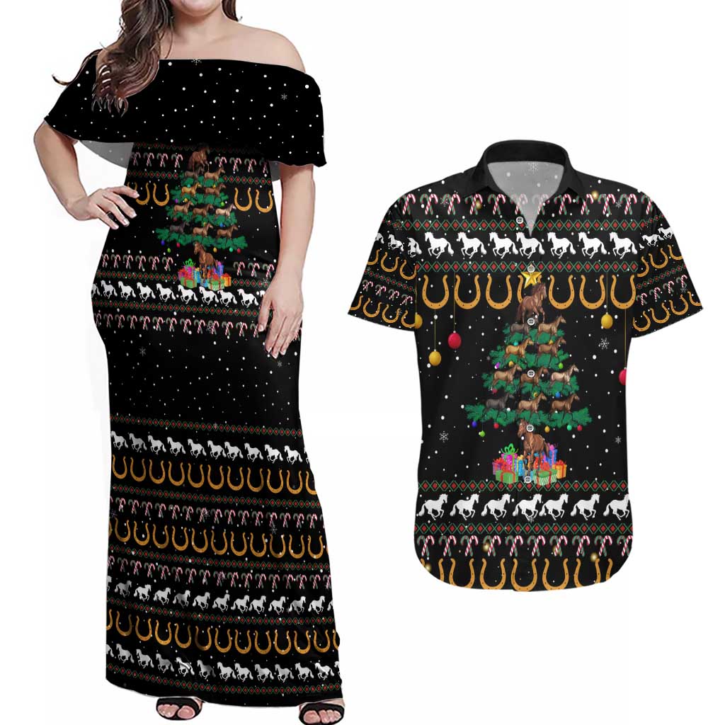 Horse Christmas Tree Christmas Design Couples Matching Off Shoulder Maxi Dress and Hawaiian Shirt Xmas Holiday Patterns - Wonder Print Shop