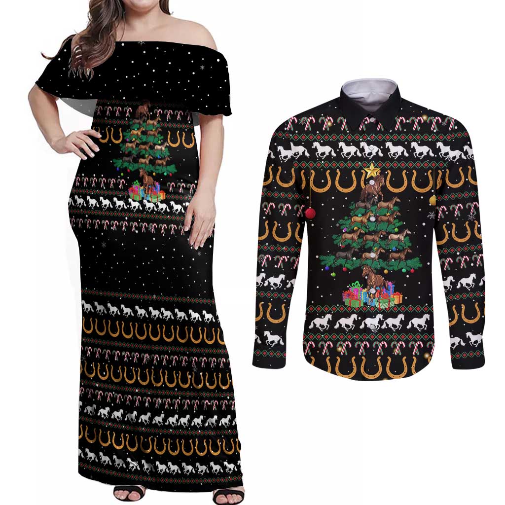 Horse Christmas Tree Christmas Design Couples Matching Off Shoulder Maxi Dress and Long Sleeve Button Shirt Xmas Holiday Patterns - Wonder Print Shop
