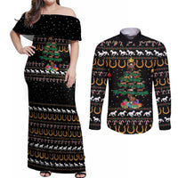 Horse Christmas Tree Christmas Design Couples Matching Off Shoulder Maxi Dress and Long Sleeve Button Shirt Xmas Holiday Patterns - Wonder Print Shop