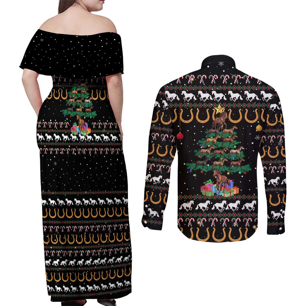 Horse Christmas Tree Christmas Design Couples Matching Off Shoulder Maxi Dress and Long Sleeve Button Shirt Xmas Holiday Patterns - Wonder Print Shop