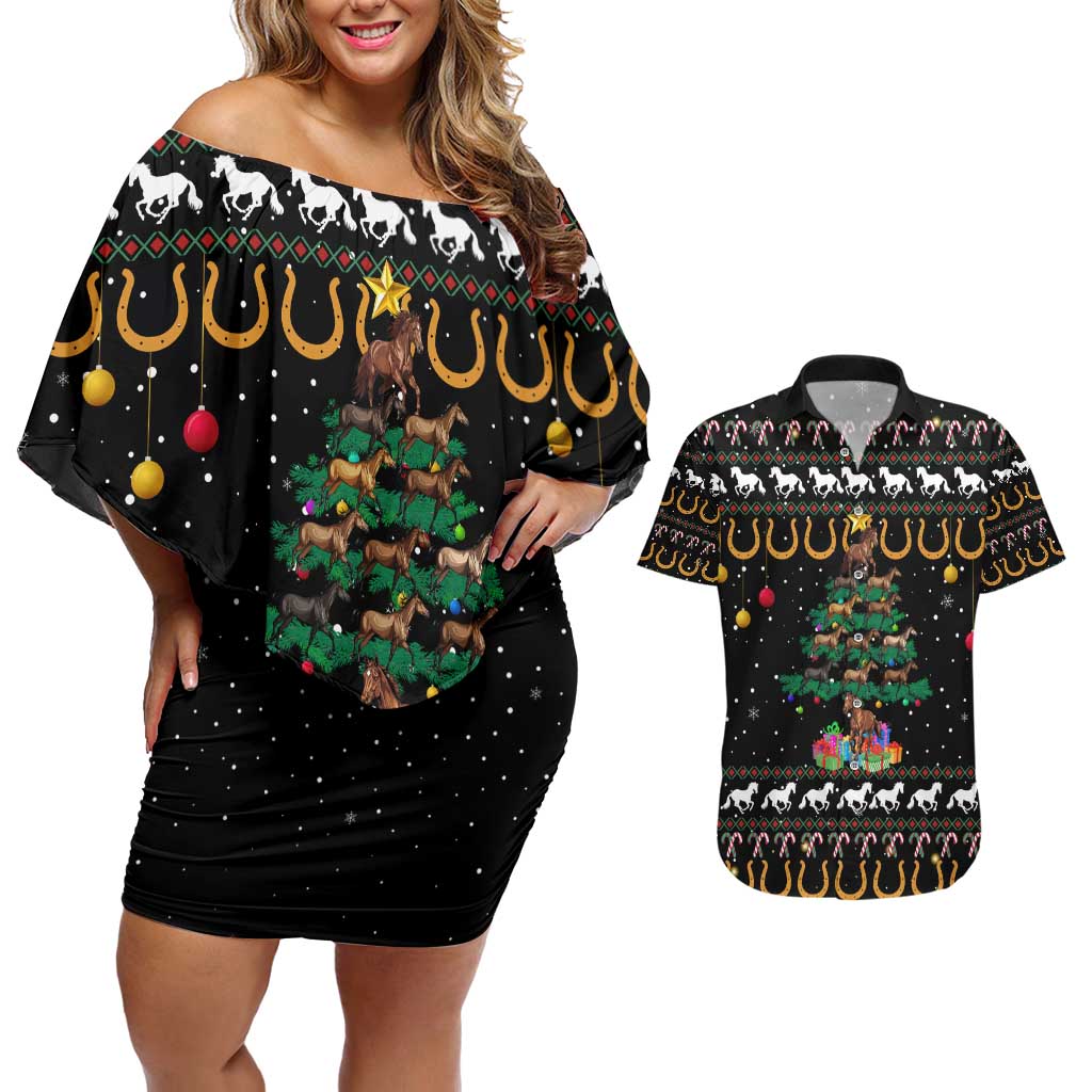 Horse Christmas Tree Christmas Design Couples Matching Off Shoulder Short Dress and Hawaiian Shirt Xmas Holiday Patterns - Wonder Print Shop