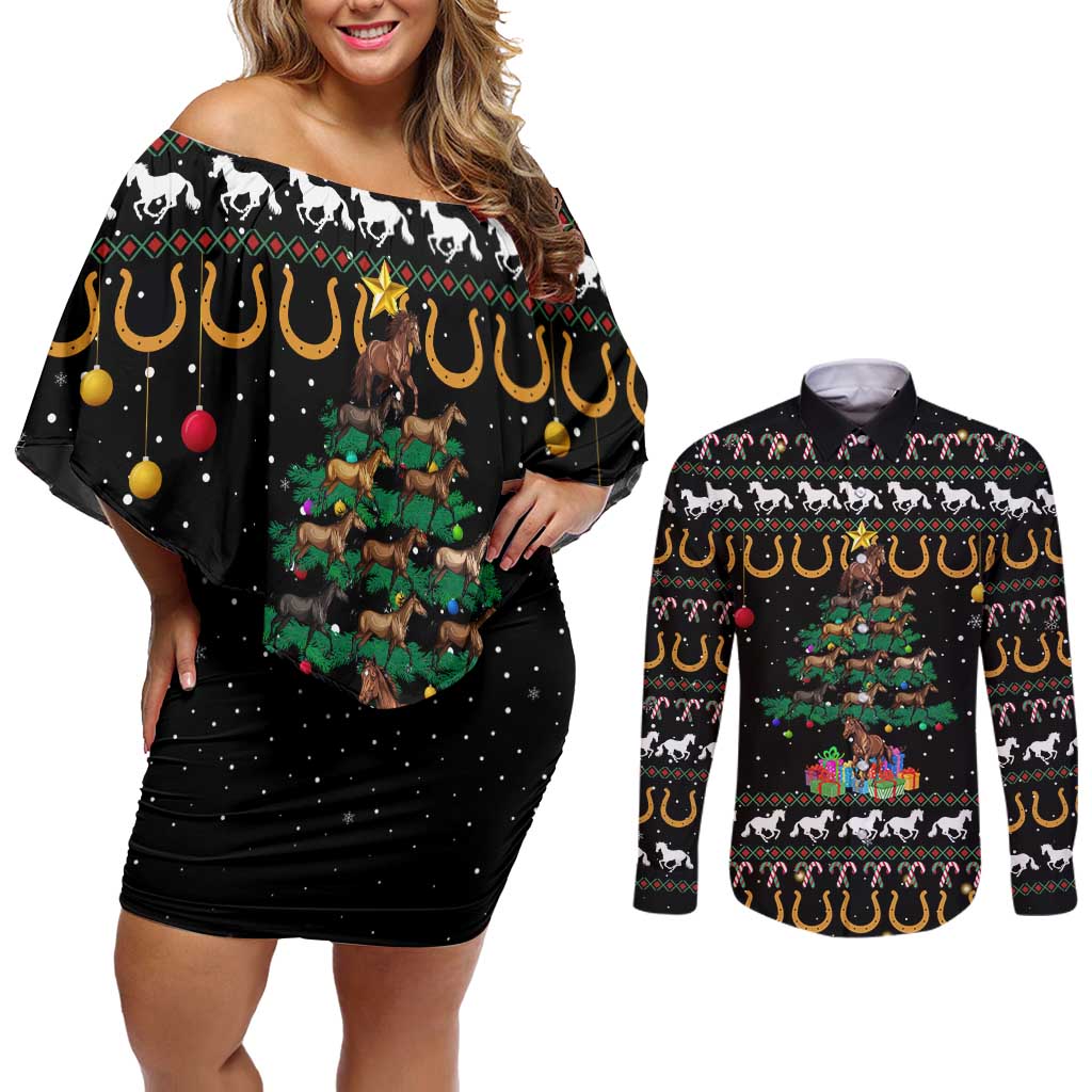 Horse Christmas Tree Christmas Design Couples Matching Off Shoulder Short Dress and Long Sleeve Button Shirt Xmas Holiday Patterns - Wonder Print Shop