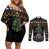 Horse Christmas Tree Christmas Design Couples Matching Off Shoulder Short Dress and Long Sleeve Button Shirt Xmas Holiday Patterns - Wonder Print Shop