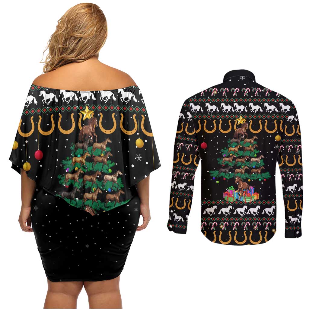Horse Christmas Tree Christmas Design Couples Matching Off Shoulder Short Dress and Long Sleeve Button Shirt Xmas Holiday Patterns - Wonder Print Shop