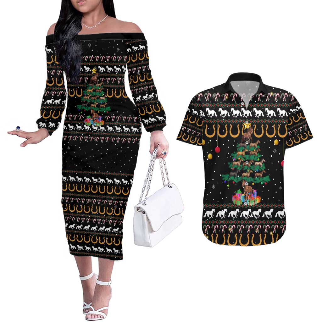 Horse Christmas Tree Christmas Design Couples Matching Off The Shoulder Long Sleeve Dress and Hawaiian Shirt Xmas Holiday Patterns - Wonder Print Shop
