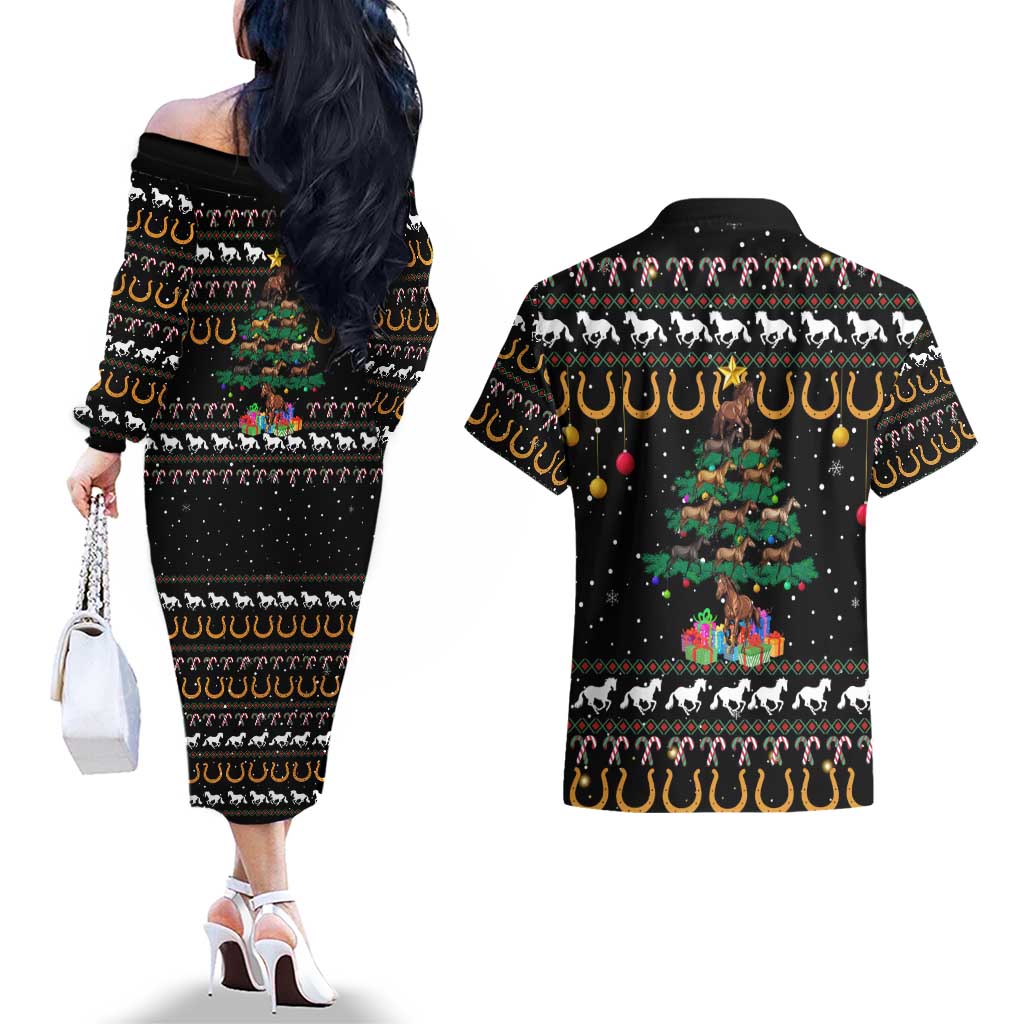 Horse Christmas Tree Christmas Design Couples Matching Off The Shoulder Long Sleeve Dress and Hawaiian Shirt Xmas Holiday Patterns - Wonder Print Shop