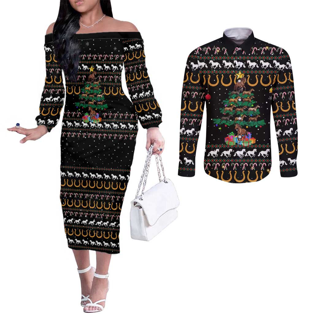 Horse Christmas Tree Christmas Design Couples Matching Off The Shoulder Long Sleeve Dress and Long Sleeve Button Shirt Xmas Holiday Patterns - Wonder Print Shop