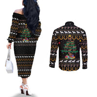 Horse Christmas Tree Christmas Design Couples Matching Off The Shoulder Long Sleeve Dress and Long Sleeve Button Shirt Xmas Holiday Patterns - Wonder Print Shop