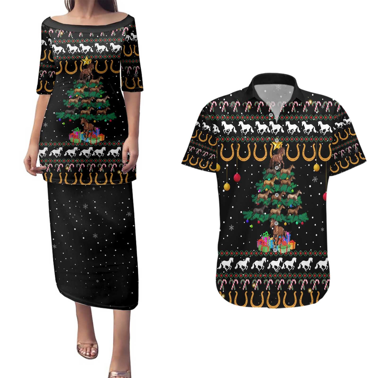 Horse Christmas Tree Christmas Design Couples Matching Puletasi and Hawaiian Shirt Xmas Holiday Patterns - Wonder Print Shop