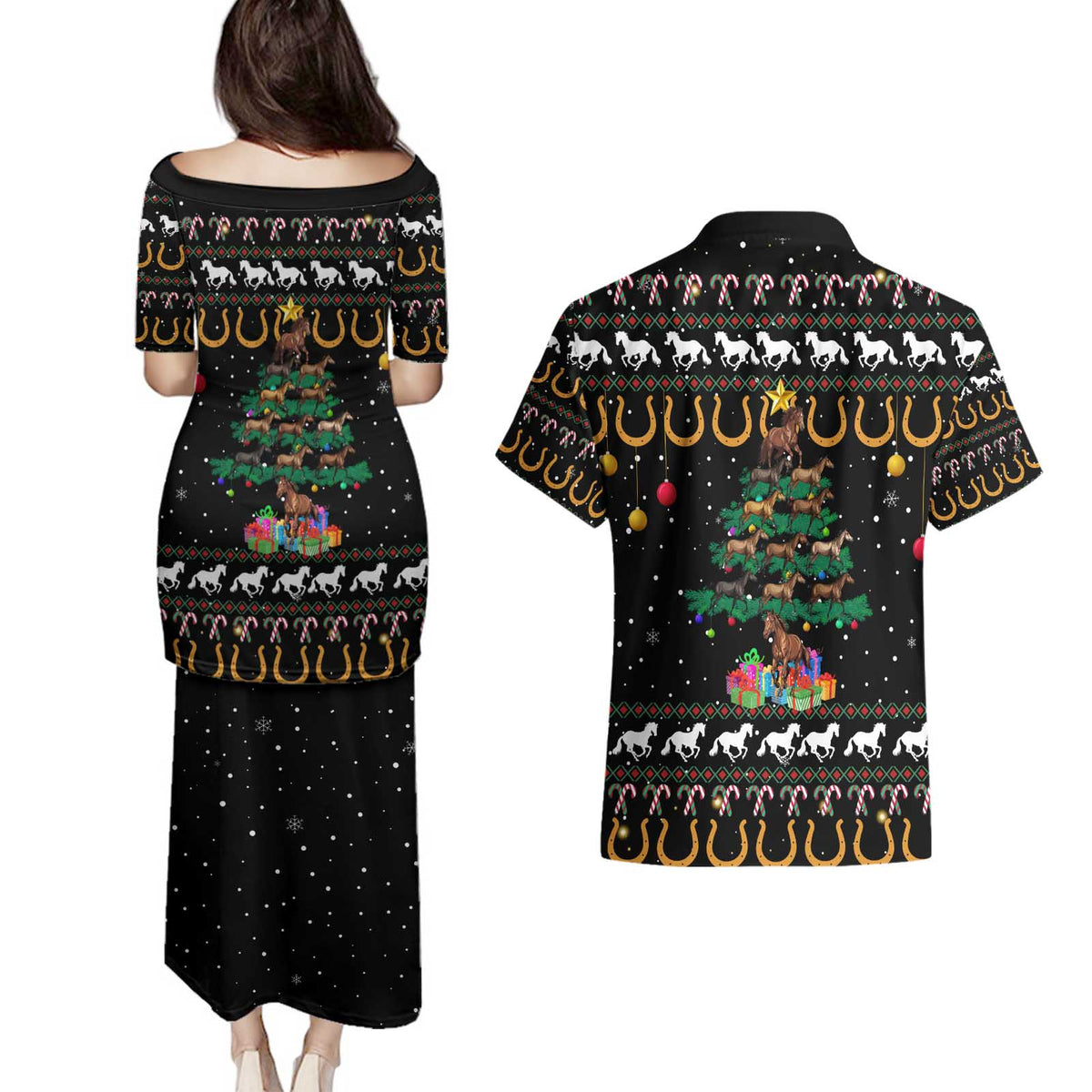 Horse Christmas Tree Christmas Design Couples Matching Puletasi and Hawaiian Shirt Xmas Holiday Patterns - Wonder Print Shop