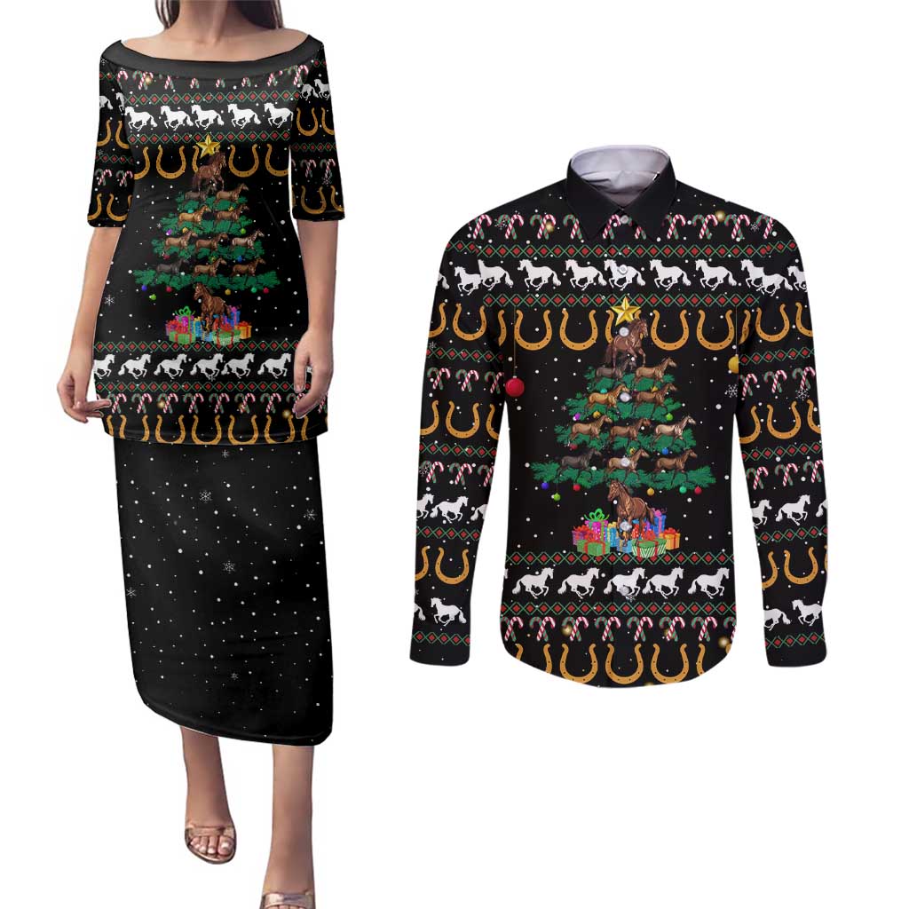 Horse Christmas Tree Christmas Design Couples Matching Puletasi and Long Sleeve Button Shirt Xmas Holiday Patterns - Wonder Print Shop