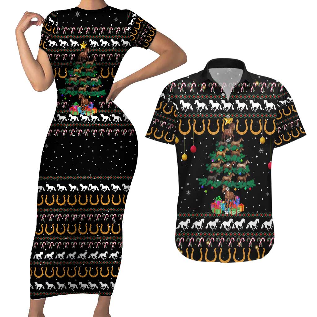 Horse Christmas Tree Christmas Design Couples Matching Short Sleeve Bodycon Dress and Hawaiian Shirt Xmas Holiday Patterns - Wonder Print Shop