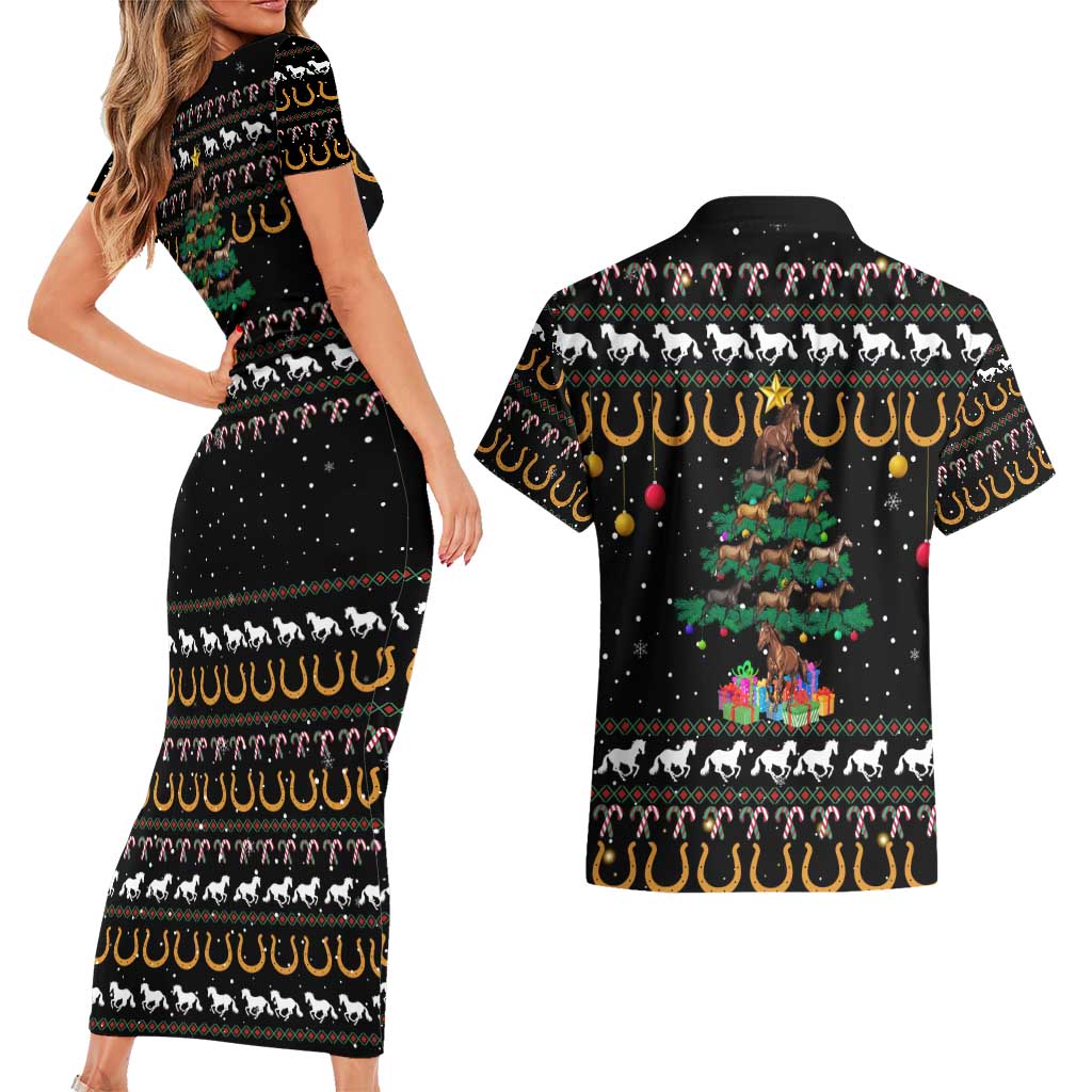 Horse Christmas Tree Christmas Design Couples Matching Short Sleeve Bodycon Dress and Hawaiian Shirt Xmas Holiday Patterns - Wonder Print Shop