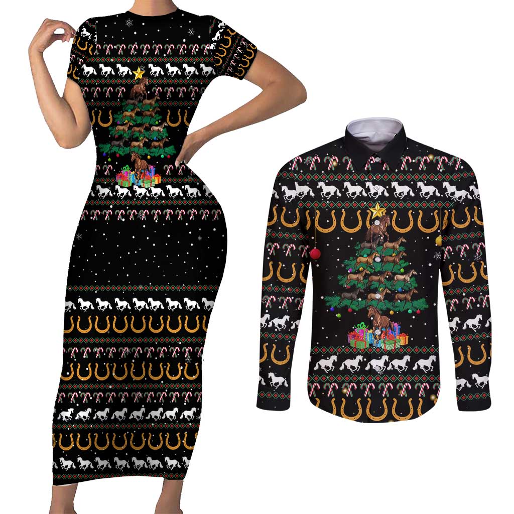 Horse Christmas Tree Christmas Design Couples Matching Short Sleeve Bodycon Dress and Long Sleeve Button Shirt Xmas Holiday Patterns - Wonder Print Shop