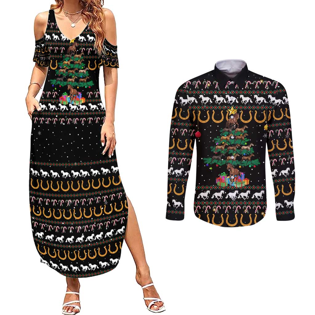 Horse Christmas Tree Christmas Design Couples Matching Summer Maxi Dress and Long Sleeve Button Shirt Xmas Holiday Patterns - Wonder Print Shop