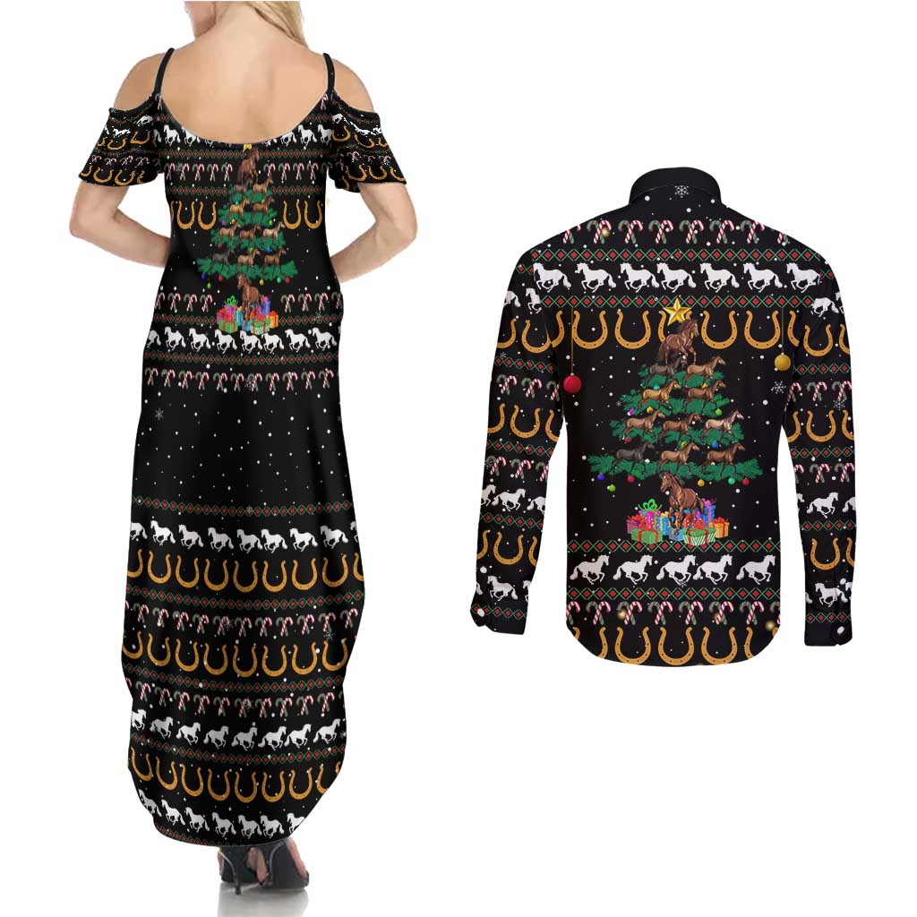 Horse Christmas Tree Christmas Design Couples Matching Summer Maxi Dress and Long Sleeve Button Shirt Xmas Holiday Patterns - Wonder Print Shop
