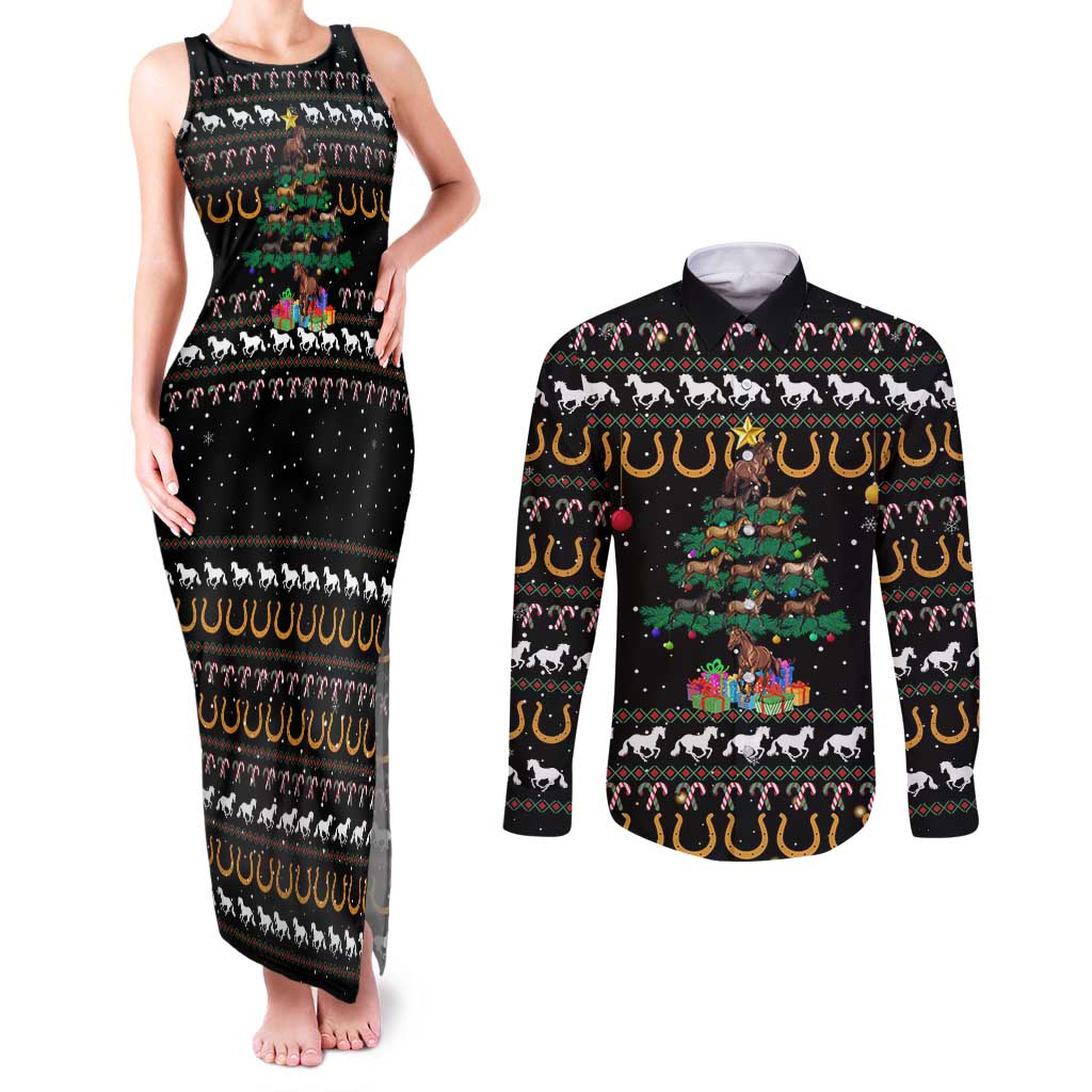 Horse Christmas Tree Christmas Design Couples Matching Tank Maxi Dress and Long Sleeve Button Shirt Xmas Holiday Patterns - Wonder Print Shop