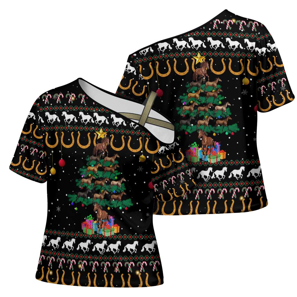Horse Christmas Tree Christmas Design Cross Shoulder Shirt Xmas Holiday Patterns - Wonder Print Shop