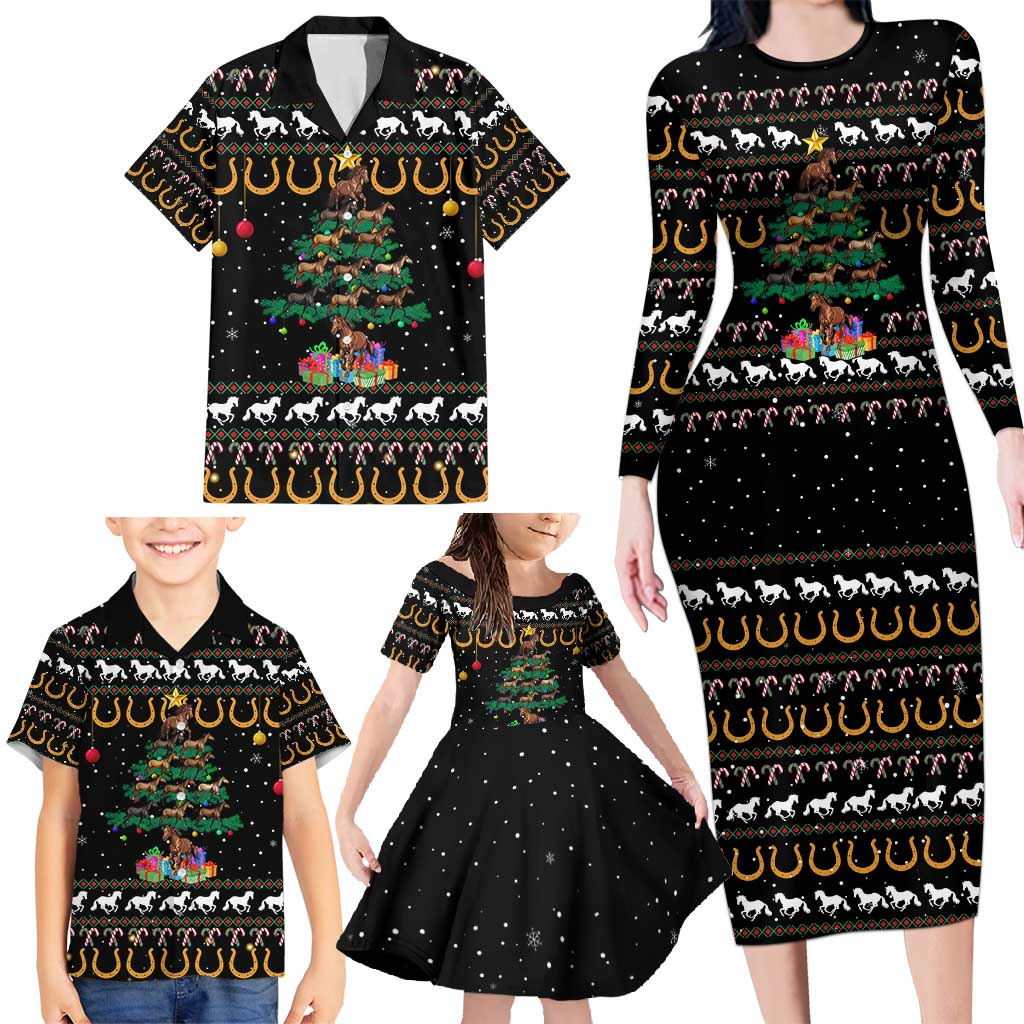 Horse Christmas Tree Christmas Design Family Matching Long Sleeve Bodycon Dress and Hawaiian Shirt Xmas Holiday Patterns - Wonder Print Shop
