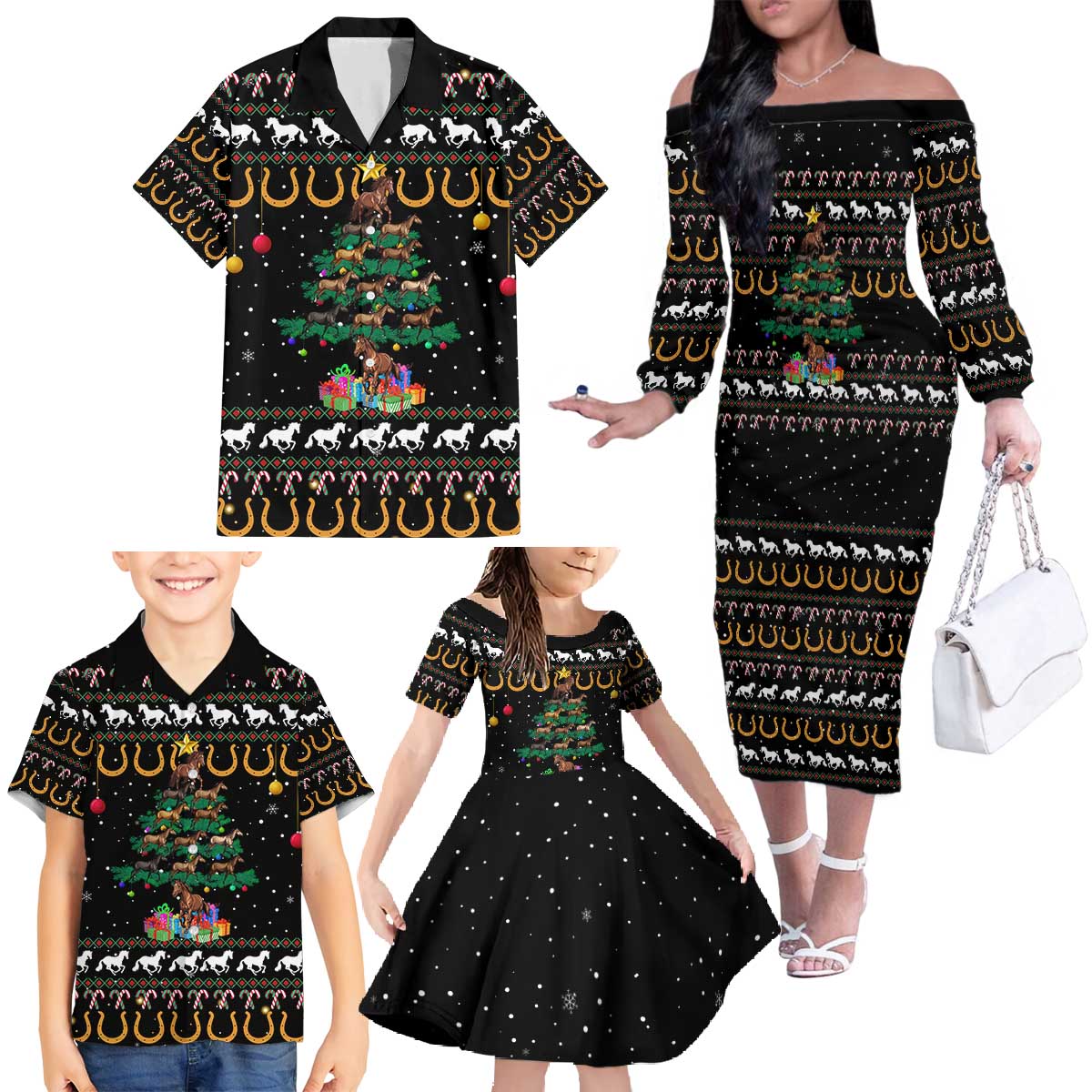 Horse Christmas Tree Christmas Design Family Matching Off The Shoulder Long Sleeve Dress and Hawaiian Shirt Xmas Holiday Patterns - Wonder Print Shop
