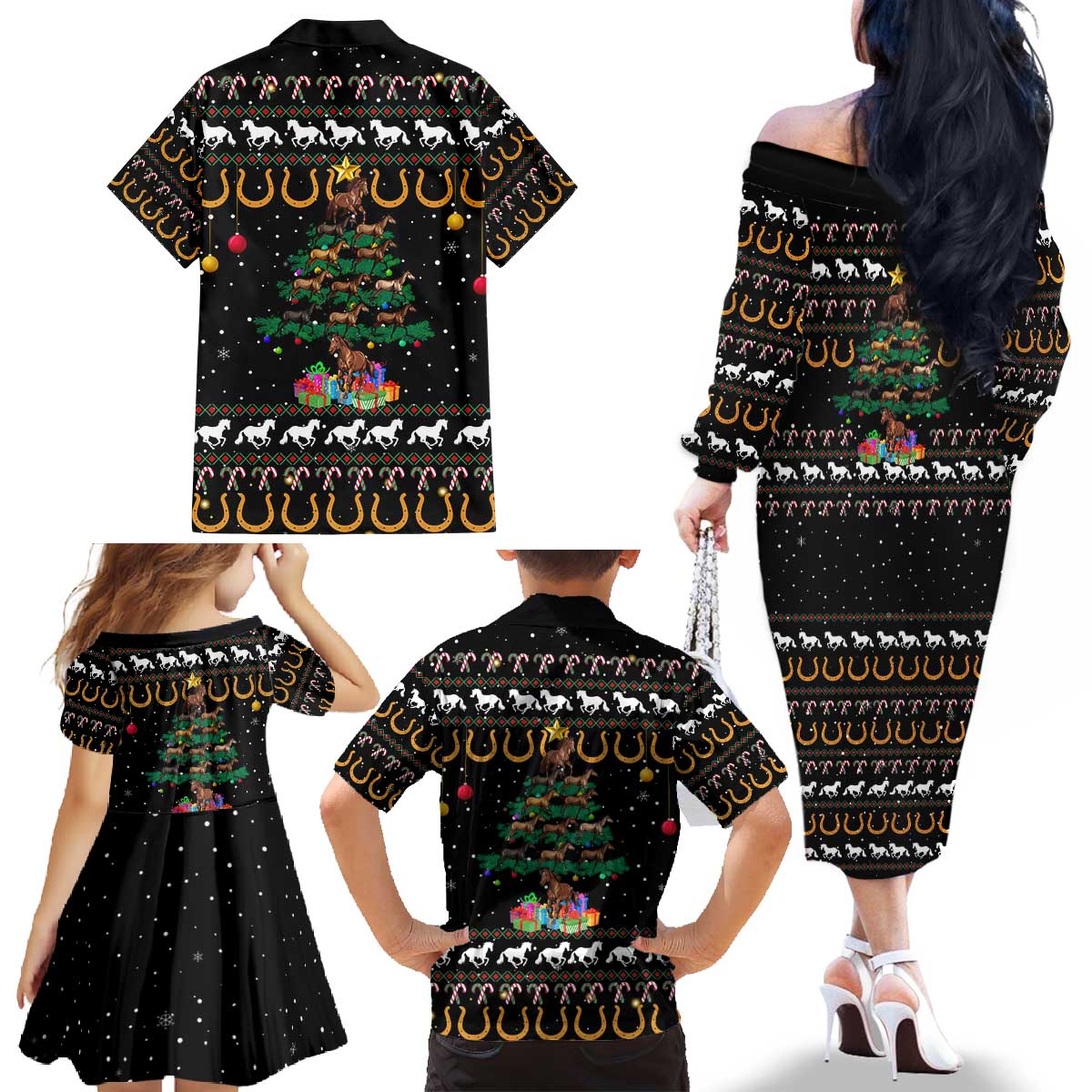 Horse Christmas Tree Christmas Design Family Matching Off The Shoulder Long Sleeve Dress and Hawaiian Shirt Xmas Holiday Patterns - Wonder Print Shop