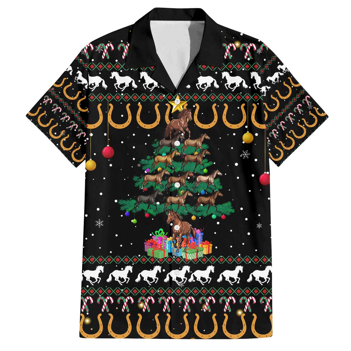 Horse Christmas Tree Christmas Design Family Matching Off The Shoulder Long Sleeve Dress and Hawaiian Shirt Xmas Holiday Patterns - Wonder Print Shop